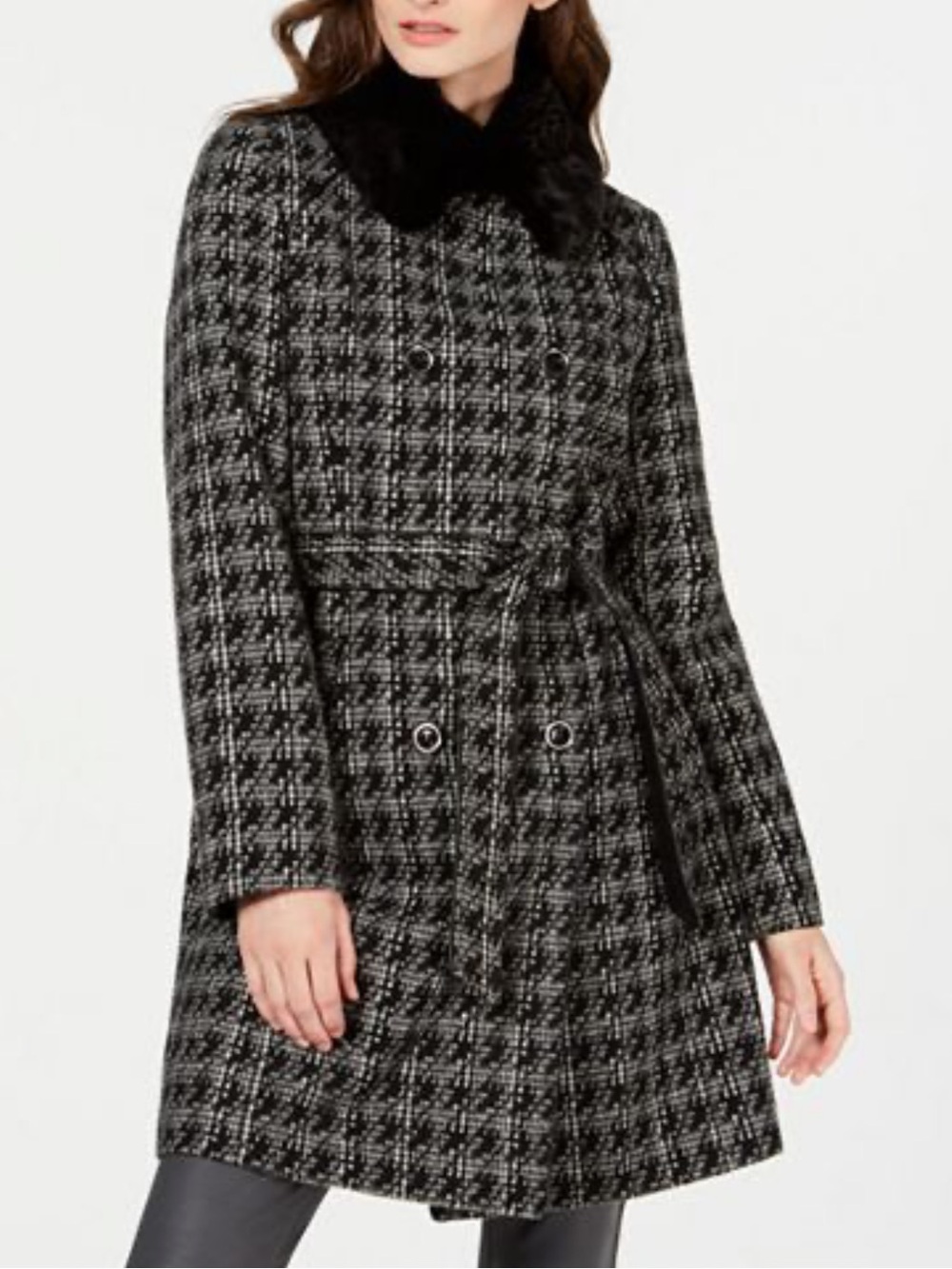 Via Spiga Houndstooth Wool Blend Belted Faux-Fur-Collar Coat in Black